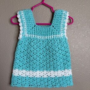 Hand-Crocheted Baby Dress — Aqua & White | 3–6 Months